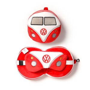 ALMOHADA VIAJE CON ANTIFAZ CARAVANA VOLSKWAGEN VW T1 CAMPER ROJA / 95% POLIESTER - 5% SPANDEX /  CON CREMALLERA PARA GUARDAR EL ANTIFAZ