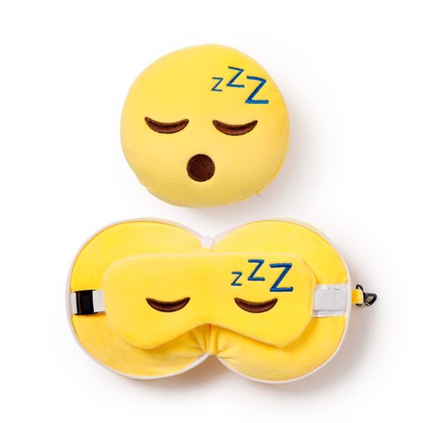 ALMOHADA VIAJE CON ANTIFAZ EMOTICONO DURMIENDO / 95% POLIESTER - 5% SPANDEX /  CON CREMALLERA PARA GUARDAR EL ANTIFAZ