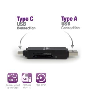 LECTOR EXTERNO DE MEMORIAS EWENT USB 3.0 / USB 3.1 / PARA MEMORIA SD, MICROSD / CON CONECTORES TIPO A Y TIPO C /  EW1075