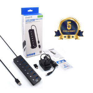 HUB USB EWENT USB-A 3.1 A 7 X USB-A CON INTERRUPTOR INDIVIDUALIZADO / INCLUYE ADAPTADOR USB-A H - USB-C M / CARGADOR DE CORRIENTE / 1.2m / EW1147