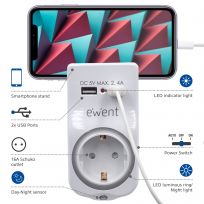 CARGADOR CASA RED EWENT BLANCO CON SCHUCO Y 2 USB 2.4 Amp / LUZ NOCTURNA CON SENSOR DE DIA Y NOCHE / SOPORTE MOVIL INTEGRADO / EW1225