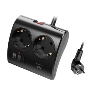 REGLETA EWENT 2 ENCHUFES SHUCO CON PROTECCION CON 2 PUERTOS USB-A Y 1 PUERTO USB-C / PARA ESCRITORIOS / NEGRO / (EW3871)