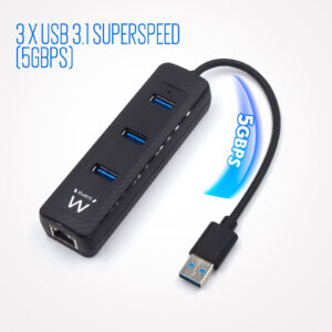 HUB USB 3.1 EWENT / 3xUSB 3.1 / ETHERNET 10/100/1000 RJ45 / CABLE 18 CM / EW1140