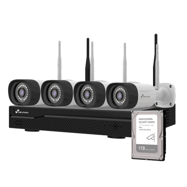 KIT VIDEOVIGILANCIA NIVIAN WIFI / 4XCAMARA WIFI + ETHERNET / 10 CANALES / 2.4Ghz / 1 X HDD 1.0 TB  / IP66 / HDMI-VGA / NVS-KIT1030W6-4CAM-1TB