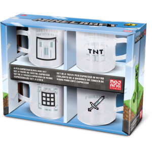 SET 4 TAZAS CRISTAL EXPRESSO MINECRAFT / LOGO CREEPER - TNT - ESPADA - CUBO / 100 ml