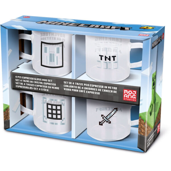 SET 4 TAZAS CRISTAL EXPRESSO MINECRAFT / LOGO CREEPER - TNT - ESPADA - CUBO / 100 ml