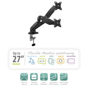 SOPORTE BRAZO INDEPENDIENTES 2 MONITORES EWENT / HASTA 34" / PANTALLAS PLANAS 9KG Y CURVAS 7KG / RESORTES DE GAS / PUERTOS EXTENSION USB-JACK / EW1516
